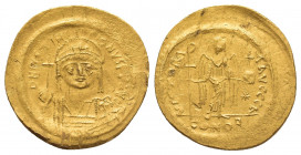 JUSTINIAN I (527-565 AD). GOLD Solidus, Constantinople.
Obv: D N [IVSTINIA]NVS [P P AVG].
Helmeted and cuirassed bust facing, holding globus crucige...