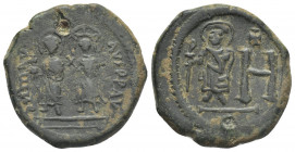 MAURİCE TİBERİUS, with CONSTANTİNA AND THEODOSİUS, (582-602 AD). Follis, Cherson.
Obv: D N MAV[…] AV[.]PP AV[G].
Maurice Tiberius on the left and Co...