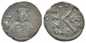 CONSTANTINE IV POGONATUS (668-685 AD). Half Follis, Constantinople.
Obv: Helmeted and cuirassed bust facing, holding globus cruciger.
Rev: Large K; ...