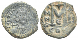 JUSTINIAN II. (First reign, 685-695 AD). Follis, Constantinople.
Obv: IYStIN [ANYS]
Bearded bust facing, wearing crown with cross on circlet and chl...
