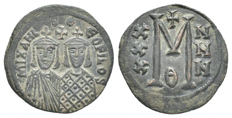 MICHAEL II AMORIANUS with THEOPHILUS (820-829 AD). Follis, Constantinople.
Obv:...