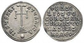 BASIL I THE MACEDONIAN with CONSTANTINE (867-886 AD). Miliaresion, Constantinople.
Obv: IҺSЧS XRISTЧS ҺICA.
Cross potent set upon three steps; globu...