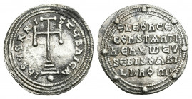 LEO VI the WISE with CONSTANTINE VII (886-912 AD). Miliaresion, Constantinople.
Obv: IҺSЧS XRISTЧS ҺICA.
Cross potent set upon three steps; globus b...