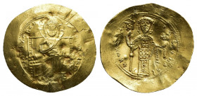 CONSTANTINE X DUCAS (1059-1067 AD). GOLD Histamenon, Constantinople.
Obv: +IΛ[S XIS REX REGNANTInm].
Christ seated facing on throne with back, weari...