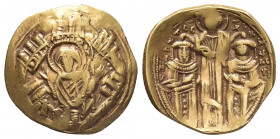 ANDRONICUS II with MICHAEL IX (1295-1320 AD). GOLD Hyperpyron, Constantinople.
Obv: Bust of the Virgin orans within city walls. Uncertain sigla.
Rev...