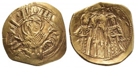 ANDRONICUS II with MICHAEL IX (1295-1320 AD). GOLD Overstruck Hyperpyron, Constantinople.
Obv: Half-length figure of the Virgin Mary, orans, within c...