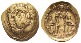 ANDRONICUS II with MICHAEL IX (1295-1320 AD). GOLD Hyperpyron, Constantinople.
Obv: Bust of the Virgin orans within city walls. Uncertain sigla.
Rev...