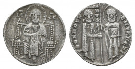 GIOVANNI DANDOLO (1280-1289 AD). Grosso, ITALY, Venice.
Obv: IC XC.
Christ seated facing on throne, wearing nimbus crown, pallium, and colobium; tri...