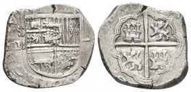 Spain, Reales.
Obs: Legend illegible.
Crowned Habsburg coat-of-arms; Mintmark and assayer in left field off flan; mark of value in right field
Rev:...