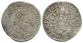 LEOPOLD I (1658-1705 AD). 6 Kreuzer, Kremnitz. Dated 1670.
Obv: LEOPOLDVS D G R I S A GE HV B REX.
Laureate, draped bust right.
Rev: PATRONA HVNGAR...