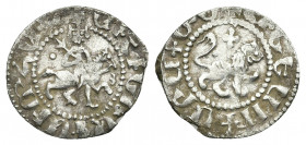 ARMENIA, Cilician Armenia. Royal. Oshin. 1308-1320. AR Takvorin.
Obv: Oshin on horseback riding right, head facing, holding lis-tipped scepter
Rev: ...