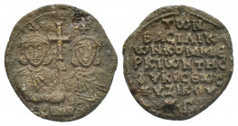 PB Byzantine lead seal. Imperial kommerkia of the dioikesis of Kyzikos. Leo III the Isaurian with Constantine V (AD 734/735).
Obv: Busts of Leo III (...