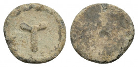 PB Roman lead tessera (2nd-3th centuries).
Obv: T shaped figure.
Rev: Blank
Condition: Near VF.
Weight: 3.17 g.
Diameter: 17.6 mm.