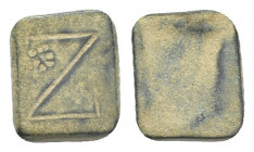 AE Square bronze weight of 1 nomisma (c. 5th-6th century AD).
Obv: Engraved N, decorative pellets in field.
Rev: Blank
cf. Bendall 103-104.
Condit...