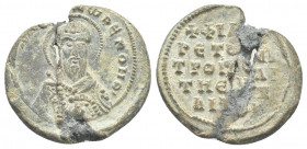 PB Byzantine lead seal. Seal of Philaretos metropolitan of Euchaita. (10th century).
Obv: Bust of St. Theodore holding a martyr's cross before him in...