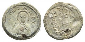 PB Byzantine lead seal. (10th century)
Obv: Bust of St. Nicholas holding the book and offering a blessing. Circular inscription: … Ν̣ΙΚΟΛΑΟΣ. Border ...