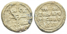 PB Byzantine lead seal. Seal of Leontios protospatharios (9th century)
Obv: Cruciform invocative monogram (type V); in the quarters: ΤΣ|ΔΛ : Θε...