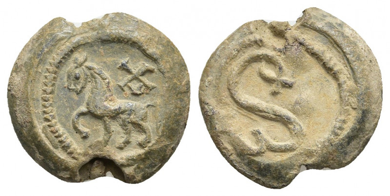 PB Byzantine lead seal. Sergios chartularios (6th century)
Obv: Mule walking l....