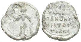 PB Byzantine lead seal. Seal of Pantherios Phytianos, patrikios (11th century, second half)
Obv: St. Theodore standing, in armor and a cloak, holding...