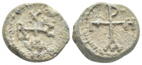 PB Byzantine lead seal. Seal of Bassos Gregoras (6th century)
Obv: Cruciform monogram: α - β - ο - σ – υ : Βάσσου. Wreath border.
Rev: Cruciform mon...