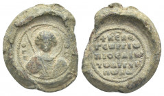 PB Byzantine lead seal. Seal of Georgios Argyropoulos, proedros (second half of the 11th century).
Obv: Bust of St Georgios, vertical inscriptions: ...
