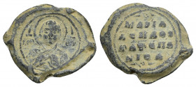 PB Byzantine lead seal. Seal of Maria protospatharea and katepanissa of Edessa (11th century).
Obv: Bust of the Mother of God holding the medallion b...