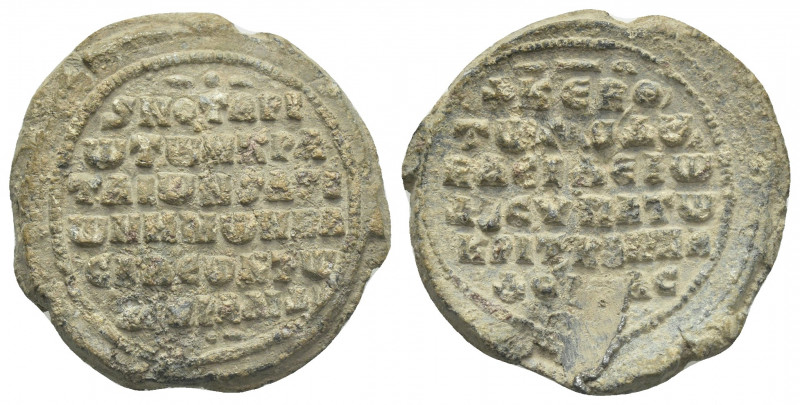 PB Byzantine lead seal. Seal of Basileios anthypatos, judge of Cappadocia, notar...