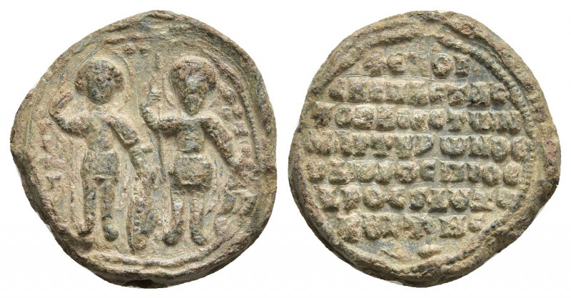PB Byzantine lead seal. (c. 11-12th century).
Obv: St. George (on the left) and...