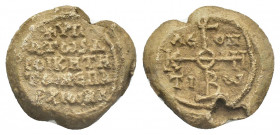 PB Byzantine lead seal. Leontios hypatos and dioiketes of the eparchiai (late 7th-early 8th century AD).
Obv: Cruciform invocative monogram (type V);...