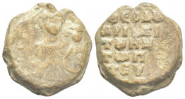 PB Byzantine lead seal. Theodoros primikerios (patrikios?) and ? (11th century).
Obv: Bust of the Mother of God holding the Child in her left arm. Tr...