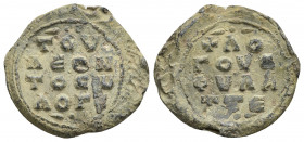 PB Byzantine lead seal. Seal of Leo (11th century, second half).
Obv: Inscription of four lines beginning with a cross, a decoration above and below ...