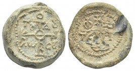 PB Byzantine lead seal. Seal of Photeinos (AD 8th-9th centuries)
Obv: Cruciform invocative monogram (type V); in the quarters: Τ–|Λ–Σ : Θεοτόκε ...