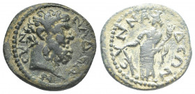 PHRYGIA, Synnada. Pseudo autonomous. AE
Obv: ϹΥΝΝΑΔƐΩΝ.
Bare head of Heracles, right.
Rev: ϹΥΝΝΑΔƐΩΝ
Tyche standing left, holding rudder and cornu...
