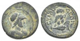 PHRYGIA, Synnada. Pseudo-autonomous (2nd-3rd centuries). AE.
Obv: Helmeted bust of Athena, right; wearing aegis.
Rev: CVNNAΔЄΩN.
Owl, with head fac...