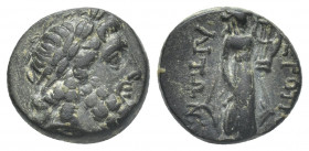 PHRYGIA. Hierapolis. (1st centuries BC). AE
Obv: Head of Zeus right.
Rev: IEPAΠOΛITΩN.
Apollo? standing right with lyre; monogram below.
SNG Copen...
