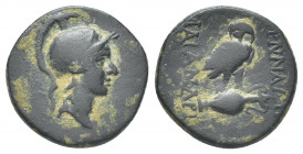 PHRYGIA, Synnada. (2nd-1st centuries BC). Maiandros, magistrate or river-god name. AE.
Obv: Helmeted head of Athena, right.
Rev: ΜΑΙΑΝΔΡ[…] / […]ΝΝΑ...
