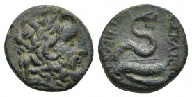Mysia, Pergamon. (Circa 200-113 B.C.) AE.
Obv: Laureate head of Asklepios, right.
Rev: [Α]ΣΚΛΗΠΙΟΥ / [ΣΩ]ΤΗΡ[ΟΣ].
Serpent-entwined staff of Asklepi...