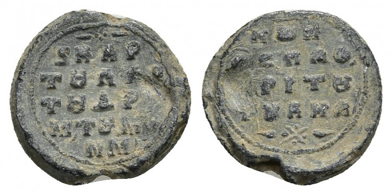 Byzantine lead seal.
Obv: Inscription in four lines.
Rev: Inscription in five ...