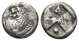 THRACE, Chersonesos. (Circa 386-338 BC). AR Hemidrachm
Obv: Forepart of lion right, head reverted.
Rev: Quadripartite incuse square with alternating...