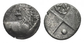 THRACE, Chersonesos. (Circa 386-338 BC). AR Hemidrachm.
Obv: Forepart of lion right, head left.
Rev: Quadripartite incuse square, with alternating r...