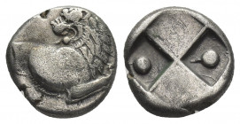 THRACE, Chersonesos. (Circa 386-338 BC). AR Hemidrachm.
Obv: Forepart of lion right, head left.
Rev: Quadripartite incuse square, with alternating r...