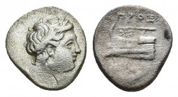 BITHYNIA. Kios. Proxenos, magistrate. AR Hemidrachm (Circa 345-315 BC).
Obv: Laureate head of Apollo right.
Rev: ΠPOΞ [ENOΣ].
Prow of galley left, ...