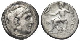 KINGS OF MACEDON. Alexander III 'the Great' (336-323 BC). Drachm. Abydos.
Obv: Head of Herakles right, wearing lion skin.
Rev: AΛΕΞΑΝΔΡΟΥ.
Zeus sea...