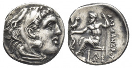 KINGS OF MACEDON. Alexander III 'the Great' (336-323 BC). Drachm. Lampsakos.
Obv: Head of Herakles right, wearing lion skin.
Rev: AΛEΞANΔPOY.
Zeus ...