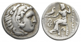 KINGS OF MACEDON. Alexander III 'the Great' (336-323 BC). Drachm. Lampsakos.
Obv: Head of Herakles right, wearing lion skin.
Rev: AΛΕΞΑΝΔΡΟΥ.
Zeus ...