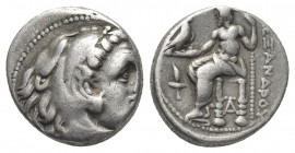 KINGS OF MACEDON. Alexander III 'the Great' (336-323 BC). Drachm. Sardes.
Obv: Head of Herakles right, wearing lion skin.
Rev: AΛEΞANΔPOY.
Zeus sea...