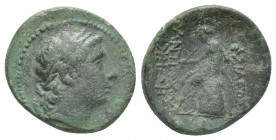 Seleukid Kingdom. Antioch. Antiochos III Megas AE (Circa 223-187 BC).
Obv: Laureate head, right.
Rev: BAΣΙΛΕΩΣ ΑΝΤΙΟΧΟΥ.
Apollo seated left on omph...