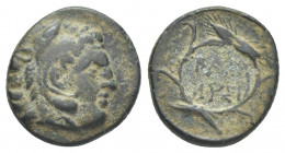KINGS OF THRACE. Lysimachos (305-281 BC). AE.
Obv: Head of Herakles,right;wearing lion skin.
Rev: BAΣI / ΛYΣI.
Legend in two lines within wreath of...