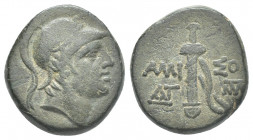 PONTOS. Amisos. Time of Mithradates VI (Circa 111-105 or 95-90 BC). AE.
Obv: Helmeted head of Ares right.
Rev: AMI - ΣOY.
Sword in sheath; monogram...