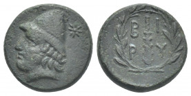 TROAS, Birytis. (4th-3rd centuries BC). AE.
Obv: Head of Kabeiros left, wearing pilos; star to left and right.
Rev: B - I / P - Y in two lines aroun...